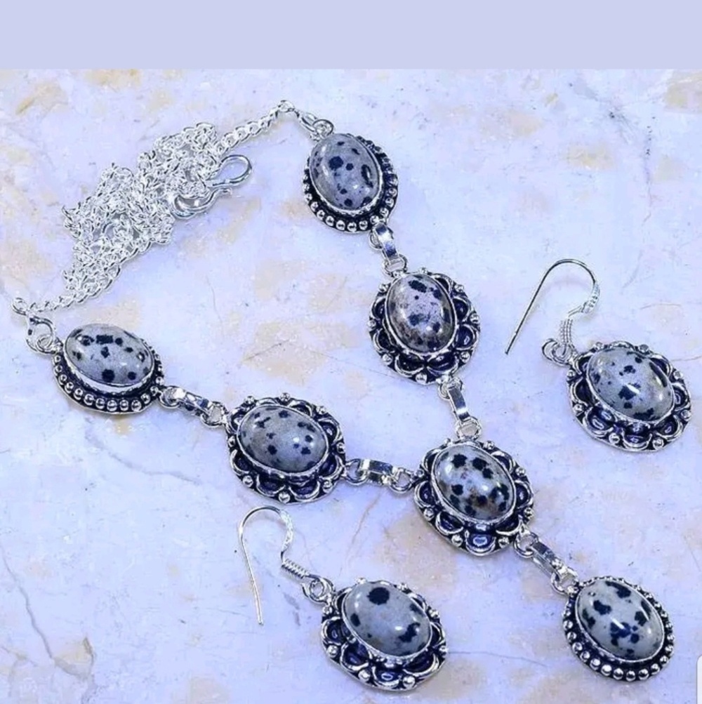 HANDCRAFTED DALMATIAN JASPER EARRINGS/NECKLACE SET